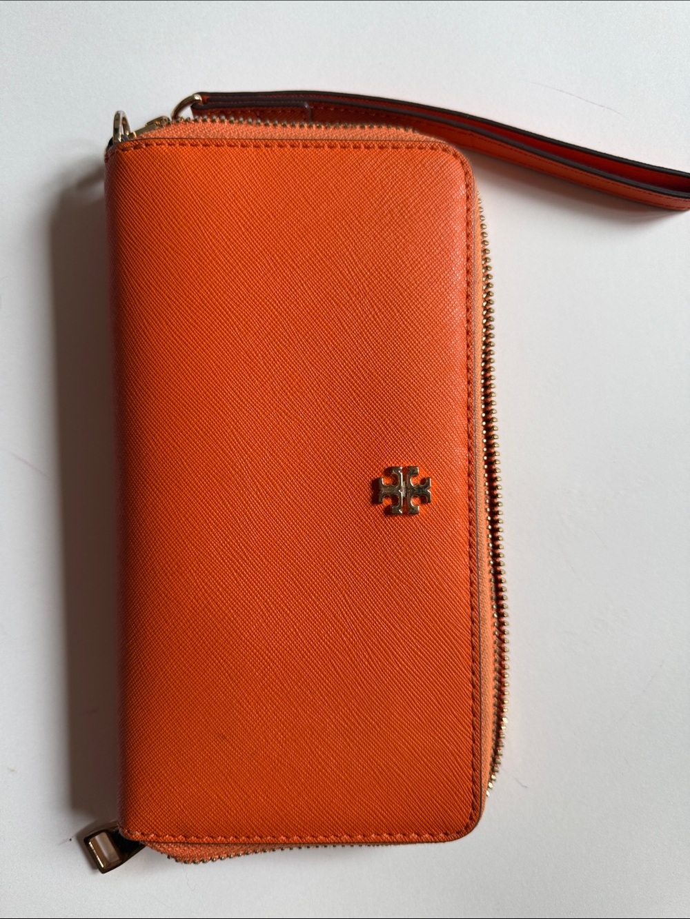 Tory Burch Bright Orange Zip Wallet with gold zipper